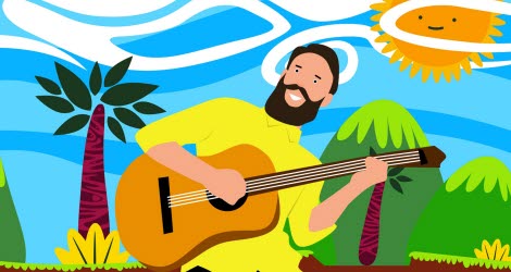 Illustration: En man med skägg ikädd en gul tröja som spelar gitarr