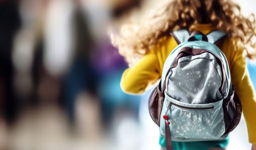 Grundskoleelev som går till skolan med ryggsäck. 