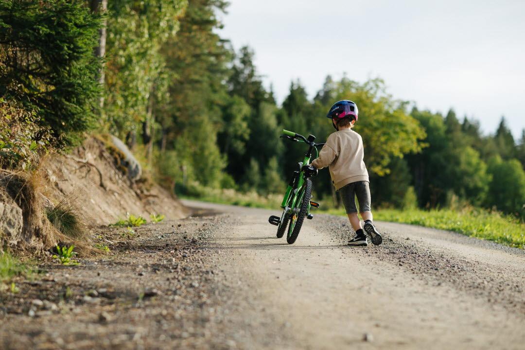 Pojke går med sin cykel på landsväg.