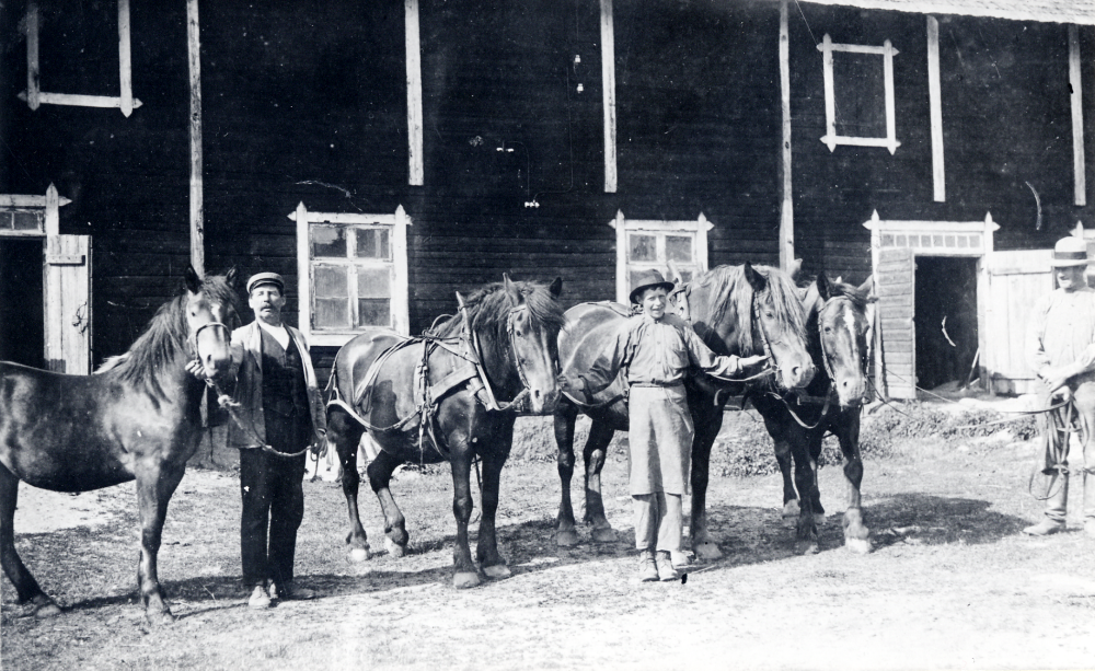 Åkare Agne Bergs far  Alfred Berg  med  hästar  utanför :ladugården  vid  Åbyholms gård  I mitten står  Ernst Krieg  Hans bana som lantarbetare blev kort för han började arbeta vid Mörby verkstäder och förblev  Roslagsbanan  trogen under hela sitt yrkesverksamma liv. Mannen t h är okänd.