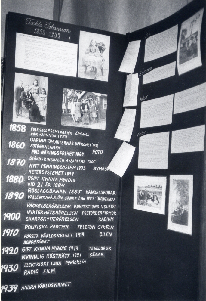 Kvinna på landsbygd - en utställning i Vallentunasalen 2 december 1991 till 31 januari 1992.  Till grund för utställningen är Tekla Johansson som levde på Oppgården i Kragsta 1858-1939, men även kvinnans liv i tiden, arbete och kläder visas.  Utställningen är sammanställd av Eva Rahmqvist med hjälp av Studieförbundet Vuxenskolan och Centerkvinnorna i Vallentuna.  Här kan man se några händelser och viktiga årtal under Teklas liv 1858-1939.