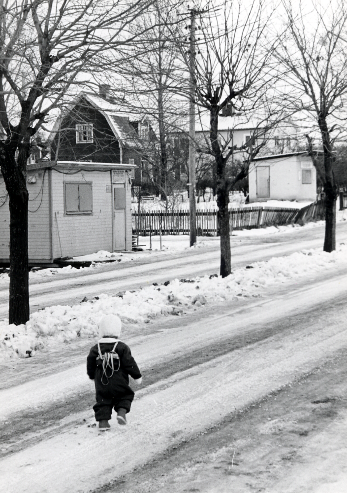Villa Fredrikshof  i korsningen  Allévägen-Sommarvägen.   Folke och Iris Tillborgs grönsaksbod  ligger på tomten brevid.    Arbetareboden t v visar att byggnadsarbeten med flerfamiljshus längs Allévägens norra sida har påbörjats. Den gamla villabebyggelsen revs 1963. Tomas Kullberg går på vägen.