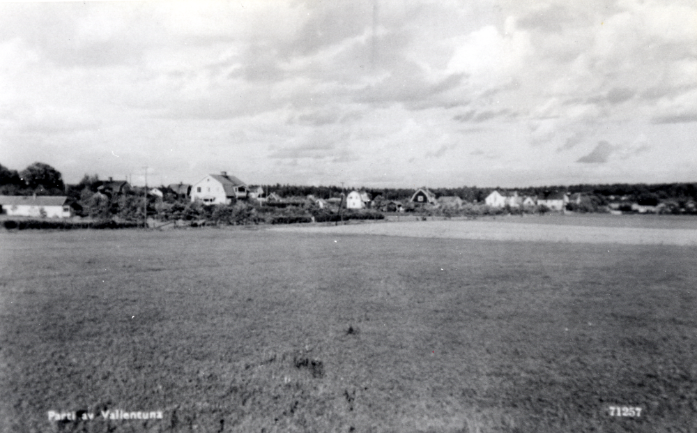 Parti av Vallentuna med Alllévägen och det obebyggda Prästgårdsgärdet i förgrunden, fr h skymtar järnvägsstationen, Tibells affär, Ångbageriet och Villa Edsberg i hörnet av Allévägen och Mörbyvägen