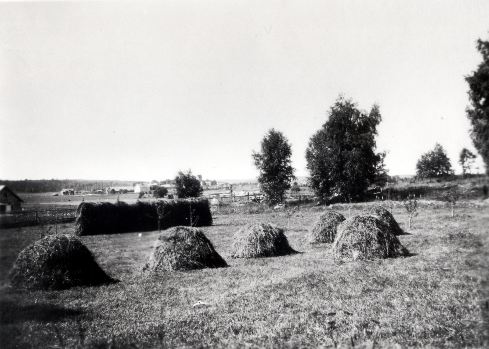 Claës Erik Schram köpte 1921 tomtmark öster om Ormsta gård för att bygga ett sommarställe.  Det fick namnet Schramsta.  Claës Erik Schram anlade en trädgård med solur, blommor och fruktträd. Här är utsikt från Schramsta mot Vallentuna.  I förgrunden syns hövolmar och  hässjor. I bakgrundens syns bl a Vallentuna kyrka, Åby gårds arrendatorsbostad och mangårdsbyggnad före ombyggnaden 1927.