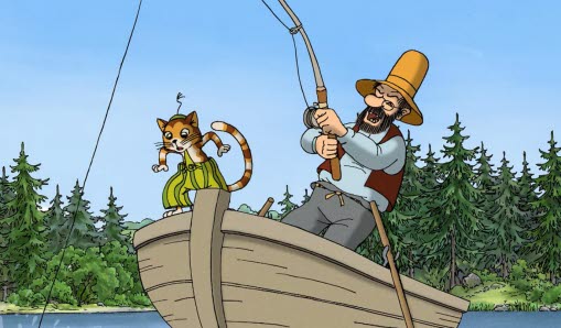 En tecknad katt och man som fiskar från en båt