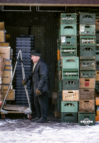 ”Fagermodarn” arbetade vid Ihrfelt och Roths Ica-butik i östra Ormsta. Läsk- och ölbackar står i stora travar i varulagret.
Bildserie: Vallentuna på 1960-talet.