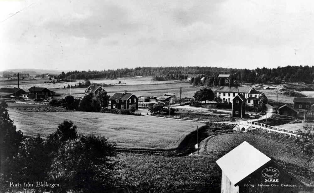 Parti från Ekskogen.  I bildens mitt syns Ekskogens järnvägsstation, det vita huset t h är Charlottenberg, handelsbod och missionshus. Nedanför Charlottenberg går vägen mot Vada över den gamla stenbron. Längst t v syns Ekskogens träförädlingsfabrik.  De ljusa husen i bakgrunden t v är Salby  by