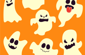 Sju tecknade spöken med olika ansiktsuttryck på en orange bakgrund