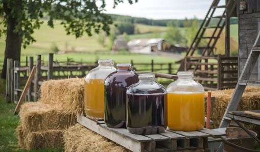 Glaskärl på träbänk med landskap i bakgrunden