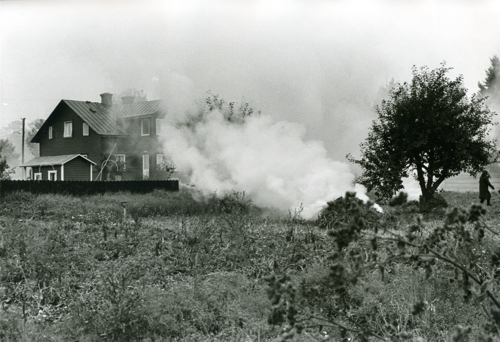 En brasa har tänts på ängen vid de så kallade syskonvillorna som låg i centrala Vallentuna. Syskonvillorna eller Tvillingvillorna med adress Mörbyvägen uppfördes omkring år 1915. De tillhörde de första hyresfastigheterna som byggdes i Vallentuna villastad. Byggmästaren hette Karlsson. Den södra villan revs inför byggstarten av förvaltningshuset Tärningen 1981 och den norra villan stod kvar till 1994.
•Fotografiet ingår i bildserien ”Vardagsliv i Vallentuna kommun” av Rachael Gough-Azmier & Gunilla Blomé, Haga Studios HB.