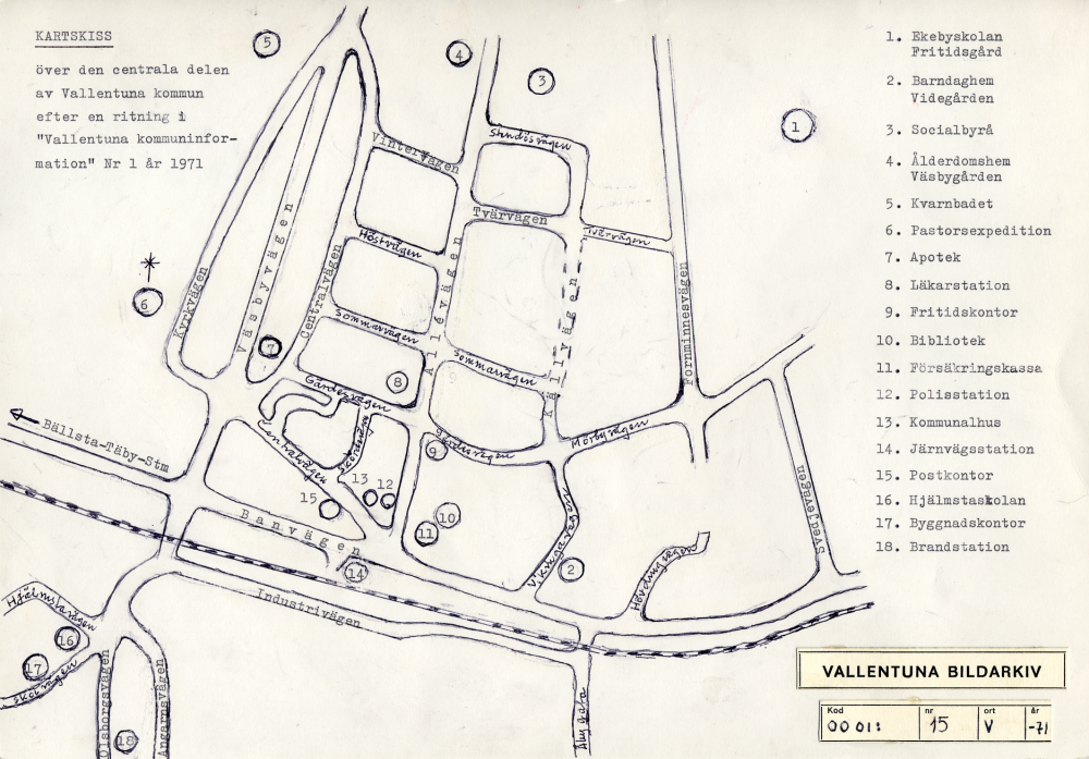 Kartskiss över Vallentuna centrum efter en ritning i Vallentuna kommuninformation 1971: 1.