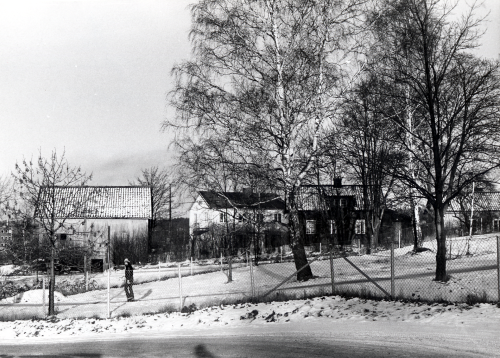 Trekanten begränsad av Skolvägen, Olsborgsvägen och Karlsbergsvägen sedd från Hälmstavägen med en del av Hjälmsta skolgård emellan