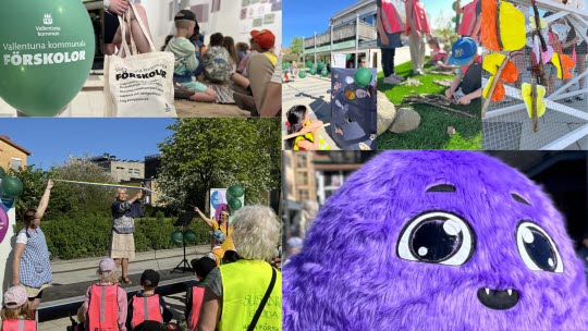 Kollage med bilder från aktiviteter och händelser från firandet av förskolans dag på Tuna torg den 16:e maj