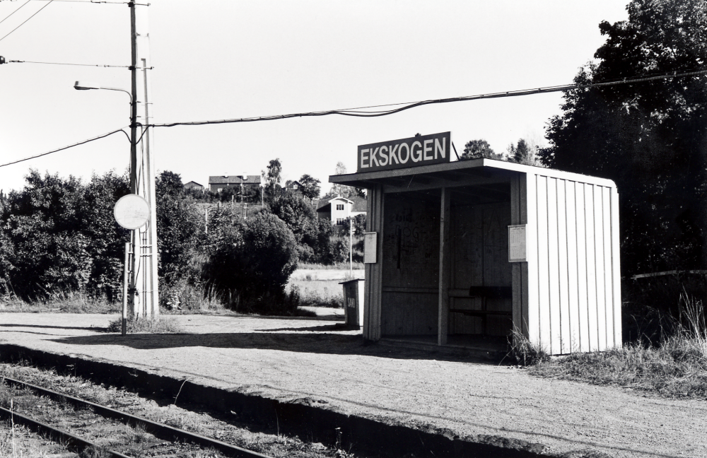 Ekskogens hållplats, stationshuset är rivet och ersatt med en väntkur.  När plattformarna höjdes i samband med att de nya blå tågen infördes, flyttades p perrongen till hållplatsens västra sida