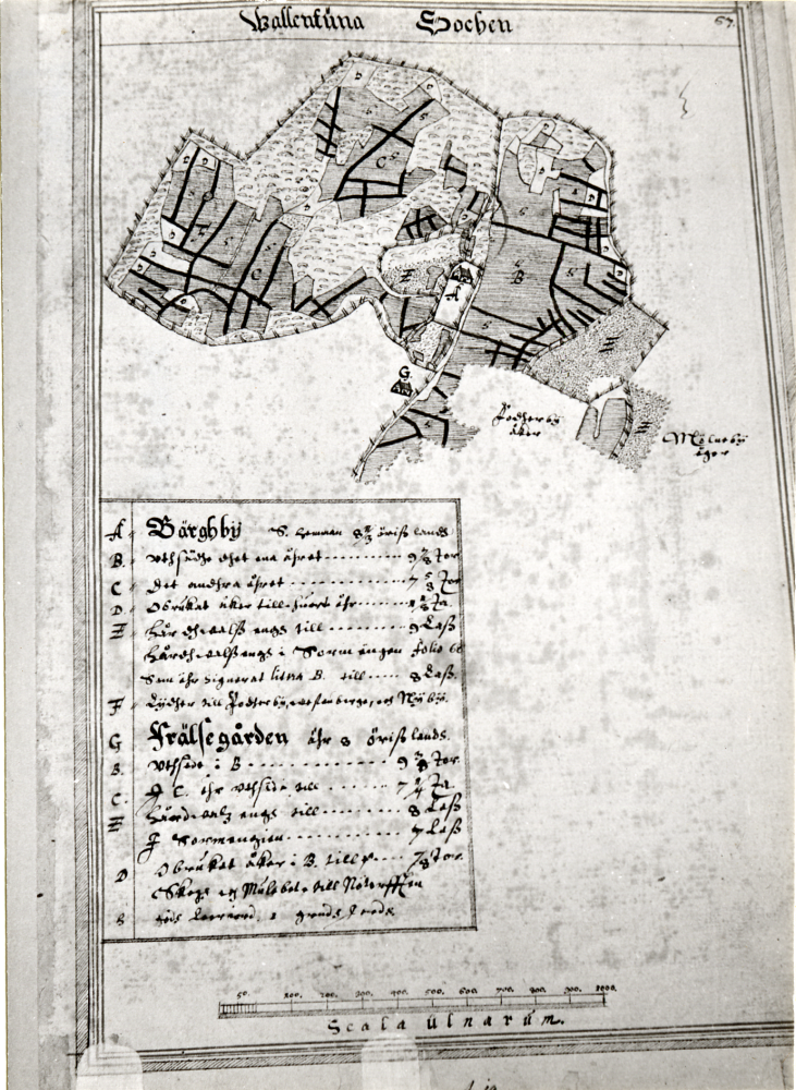 Delkopiering av karta över Wallentuna socken 1630.  Ägor som tillhör Åby och Mölneby (Molnby)