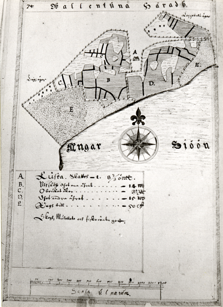 Delkopiering av karta över Wallentuna socken 1630.  Ägor som tillhör Lindö och Lappdal