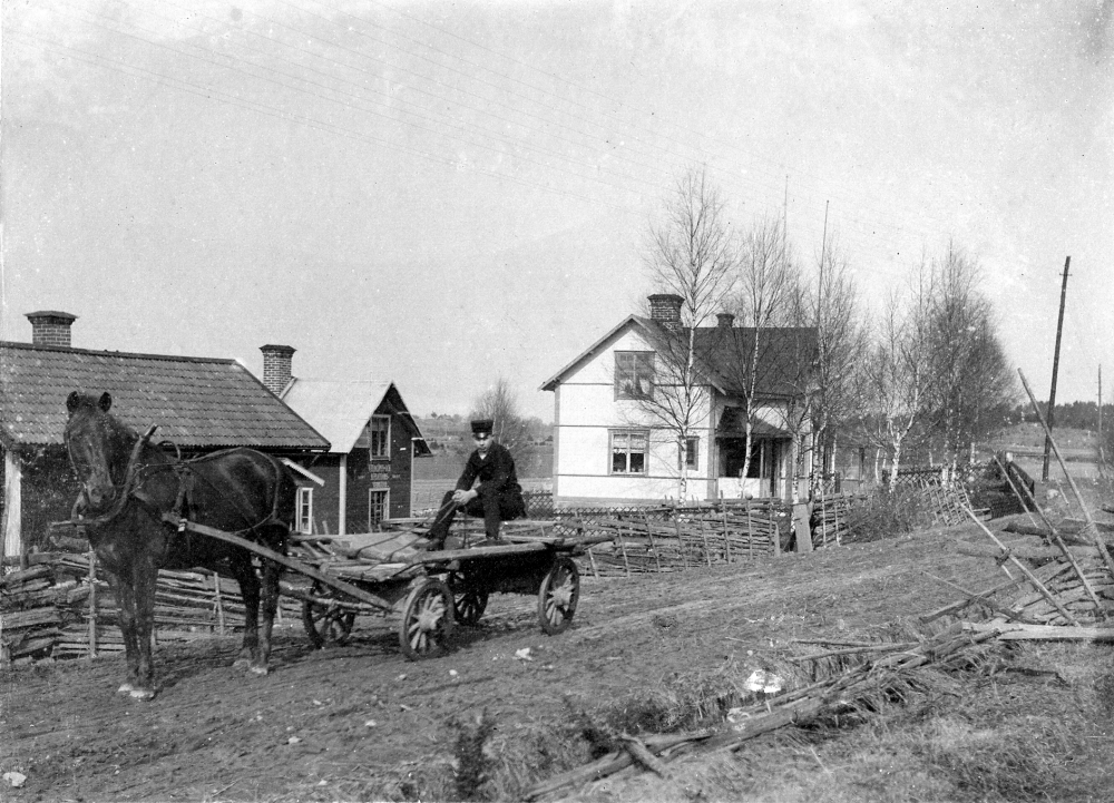 Wasa i Frösunda stod färdigt 1909 och byggdes som bostad åt amatörfotografen och verkstadsägaren Algot  Laurell och hans familj.  På vägen utanför står en hästdragen vagn.  Kusken är okänd.  T v om bostadshuset syns Velocipedverkstaden