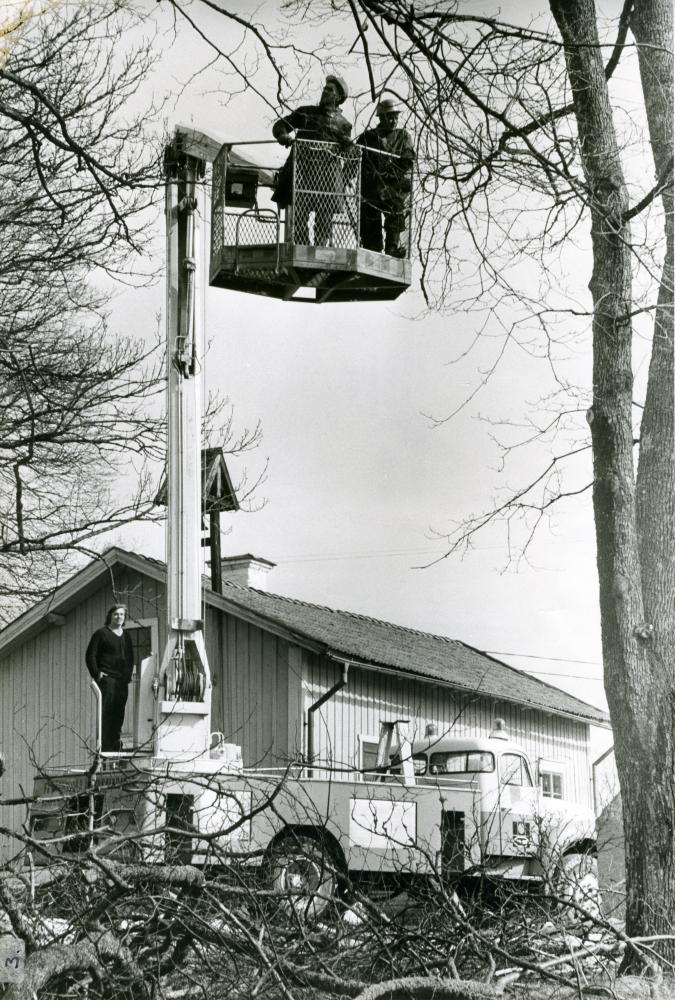 Två män har åkt upp i en skylift för att beskära träd vid Lingsbergs gård. En man står kvar nere på fordonet. I förgrunden ligger en hög med trädgrenar.
•Fotografiet ingår i bildserien ”Vardagsliv i Vallentuna kommun” av Rachael Gough-Azmier & Gunilla Blomé, Haga Studios HB.