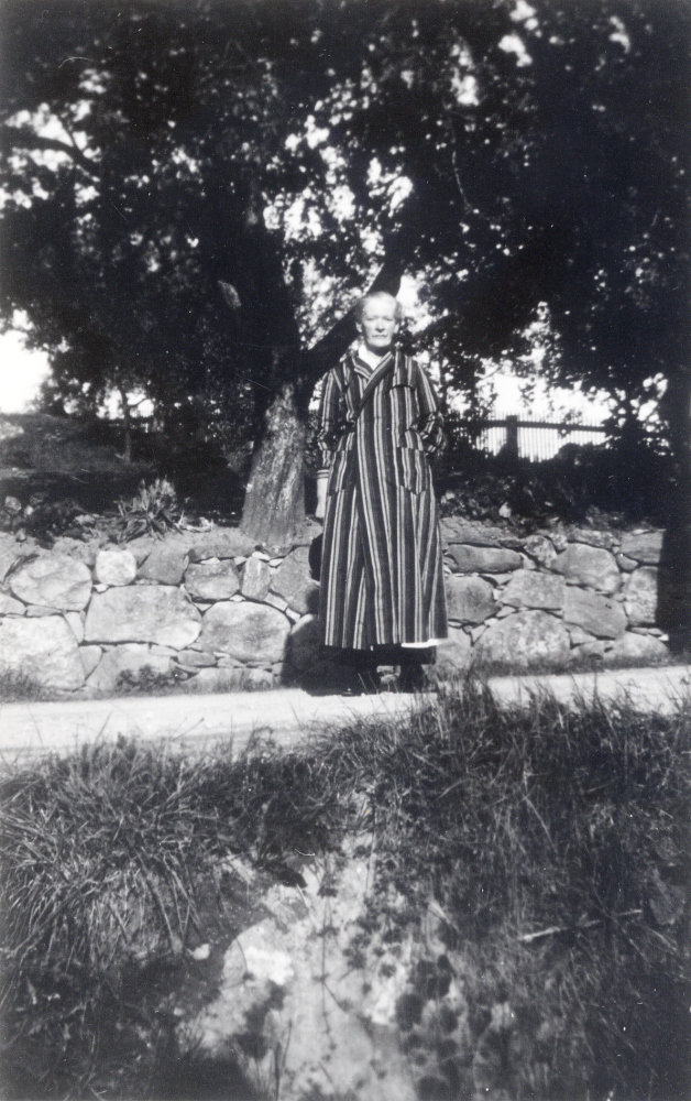 Olivia "Alma" Matilda Söderberg, 1876-1967, står vid stenmuren mellan det vita huset "Kajutan" och det röda huset, "Fridhem" på Klockarborg. I bakgrunden ser man det så kallade Vårdträdet och bland växtligheten kan man ana den stubbhög som fanns på tomten. 

Original och uppgifter John-Lars de Chasseur.