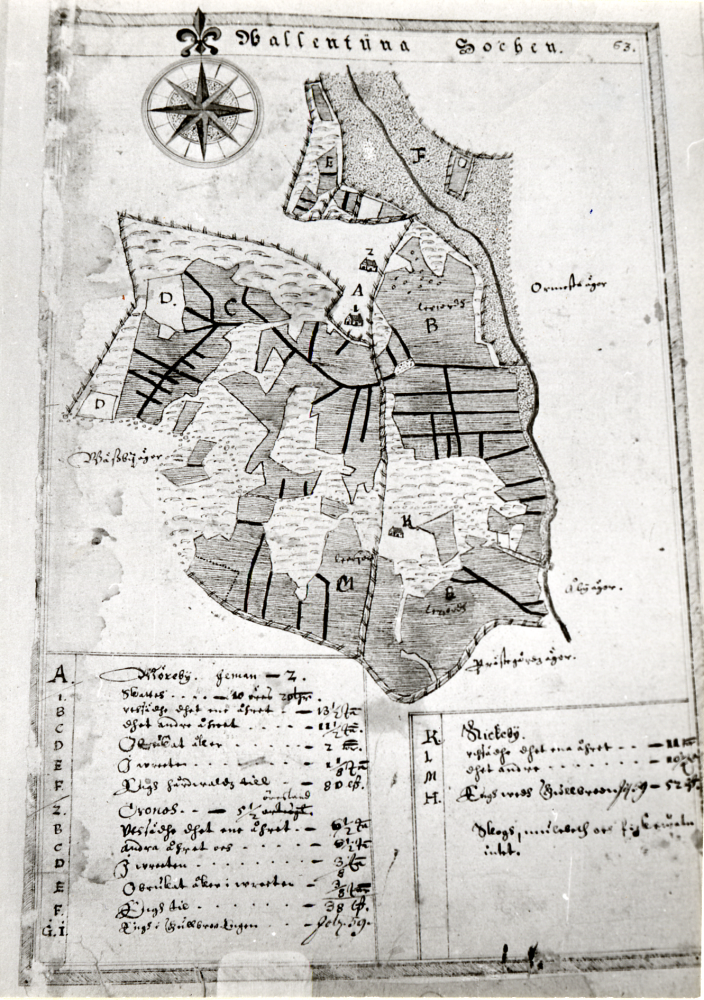 Delkopiering av karta över Wallentuna socken 1630.  Ägor som tillhör Wäsby, Ormsta, Åby och Prästgården