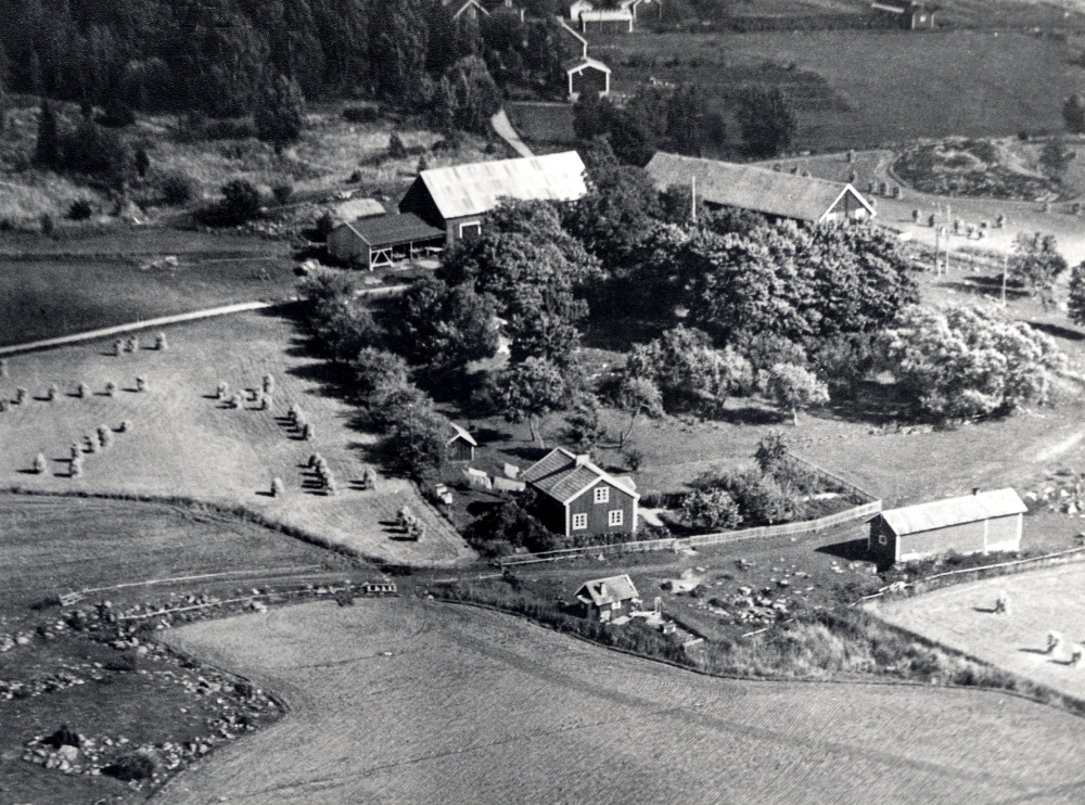 Ormsta gård med ekonomibyggnader.  Mangårdsbyggnaden revs 1949.  Huset i bildens nedre mitt är arrendatorsbostaden, bostad för arrendator Gustav Sundman.  På 1930- talet köptes gården av tegelfabrikör Axel W Lundqvist.  Ännu år 2000 finns de stora ask- och lönnträden kvar i korsningen av Ormstavägen och Tegelvägen.  De visar var Ormsta gård en gång låg
