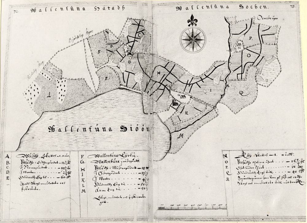 Delkopiering av karta över Wallentuna socken 1630. I kartans mitt ligger Kyrkviken omgiven av mark som tillhör Rickeby, Björkby, Vallentuna kyrka och Ormesta (Ormsta)