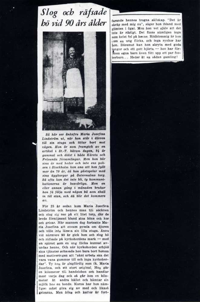 Kopia av artikel ur Stockholms-Tidningen om Maria Josefina Lindström, född Olsson 1850-10-07, och bosatt i Frösunda sedan 25 år tillbaka