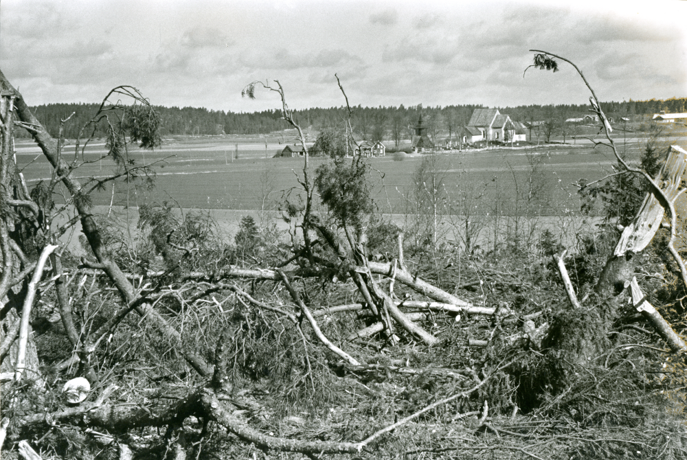 Kalhygge och skogsrester efter skogsavverkning våren 1973. Utsikt mot Markims kyrka till höger.
•Fotografiet ingår i bildserien ”Vardagsliv i Vallentuna kommun” av Rachael Gough-Azmier & Gunilla Blomé, Haga Studios HB.
