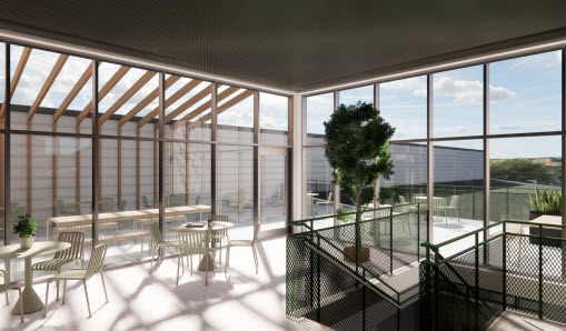 Illustration på framtida lokaler. Panoramafönster som vetter ut mot takterrass