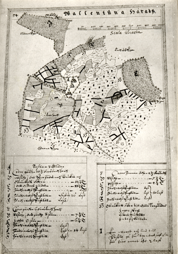 Karta över Wallentuna socken.  Ägokartor över bl a Mällösa och Lindö ägor