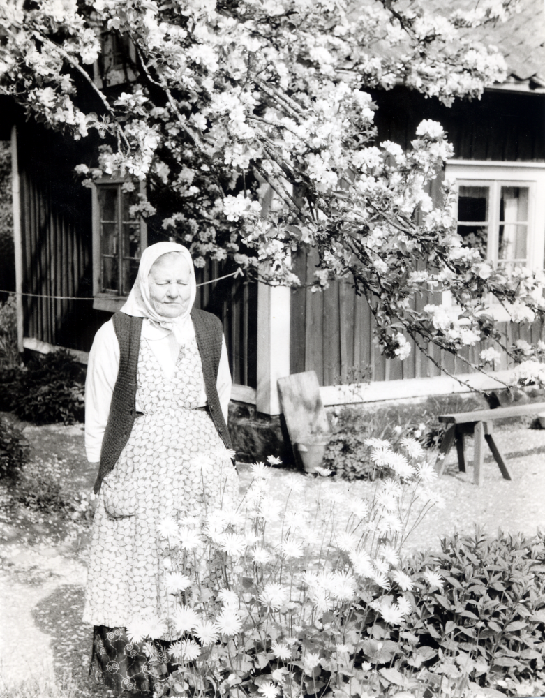 Lydia Eriksson i trädgården vid Sigridsborg bakom Gillberga i Lilla Garn.  Huset byggdes ca 1875.  Lydia var mor till Märta Kraemer och föreståndarinna i Fattigstugan vid Gillberga