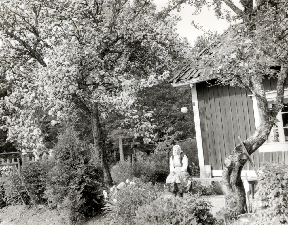 Lydia Eriksson i trädgården vid Sigridsborg bakom Gillberga i Lilla Garn. Huset byggdes ca 1875. Lydia var mamma till Märta Kraemer och föreståndare i fattigstugan vid Gillberga