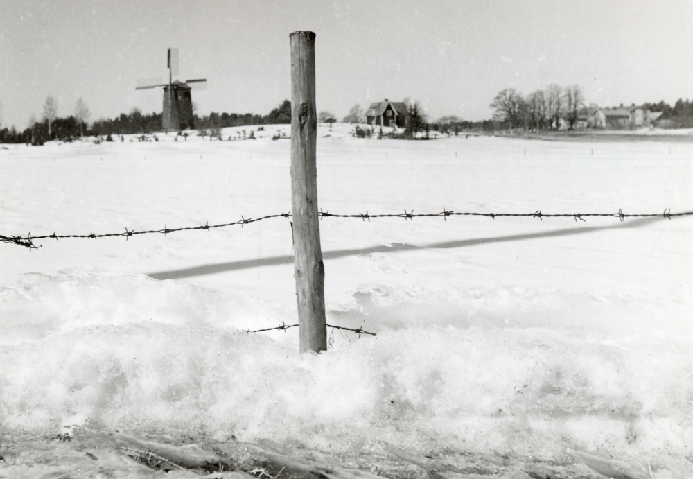T v står den nyrenoverade Väsby kvarn och i bildens mitt Kvarnvillan riven 1970, samt t h Väsby gård