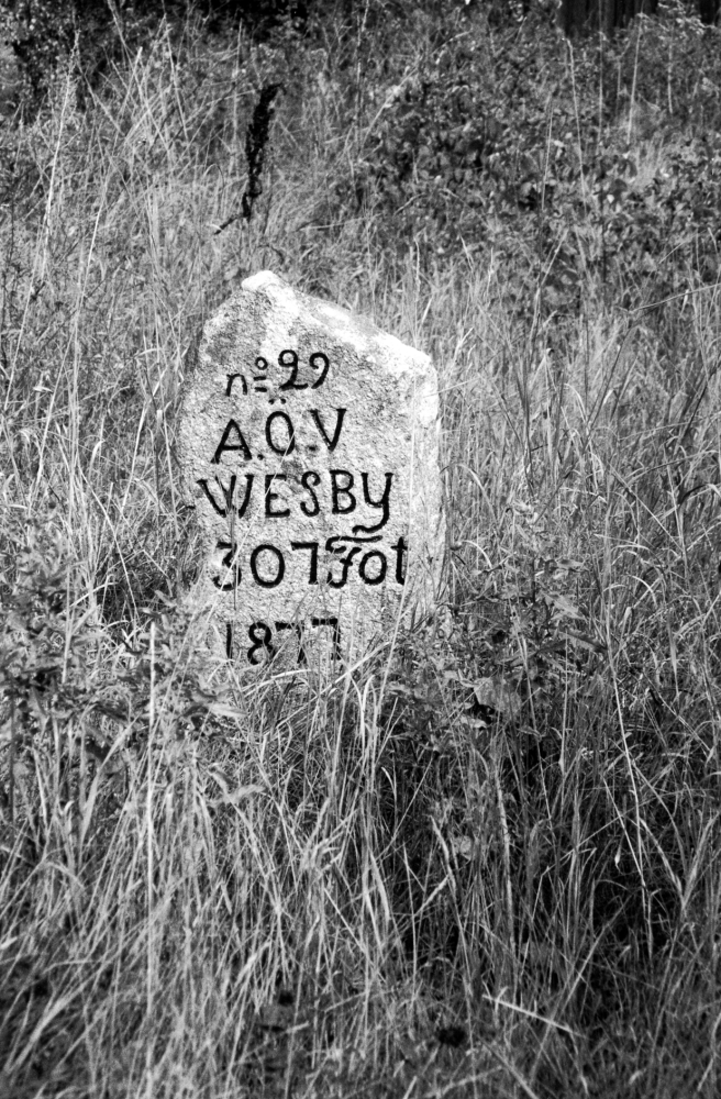 Sten märkt no 29 A.Ö.V. Wesby 307 Fot 1877 vid Sursta i Vallentuna.  Denna typ av sten kan vara en ägogränssten
