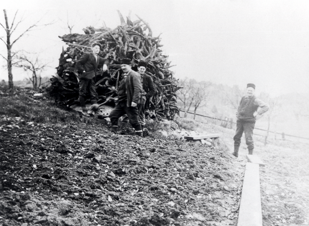 Bröderna Söderberg utför markarbeten vid stubbhögen. Från vänster står Ragnar Söderberg (1891-1961), Halle (Harald 1878-1958), David (1894-1965) och Nestor (1886-1979). Stubbhögen började läggas upp 1876 vid röjning och fällning inför bygget av "Kajutan", det vita huset på Klockarborg av brödernas far, klockarsonen Hjalmar Söderberg och den på Klockarborg då boende Gustav Jäger de Chasseur. GEnom att bygga "Kajutan" med grunden i en naturlig bergsskreva skapades en källare under huset. Staket mot vägen är ännu inte spjälat.  I bakgrunden skymtar Garnsberget med Forssenbergsbacken. 

Original och uppgifter: John-Lars de Chasseur.
