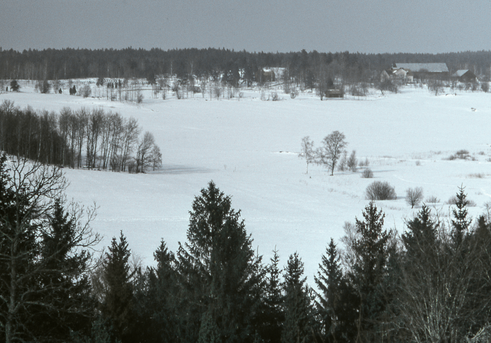 Utsikt från Klosterbacken med Kusta gård i bakgrunden. Fotografiet ingår i bildserien Angarnssjöängen 1970 som köptes av Vallentuna kommun och gjordes mot bakgrund av den oro som fanns bland naturvänner då Stockholm stad planerade en ny stad i området med upp mot 100 000 invånare. Så småningom övergavs planerna och istället bildade Länsstyrelsen naturreservat 1982.