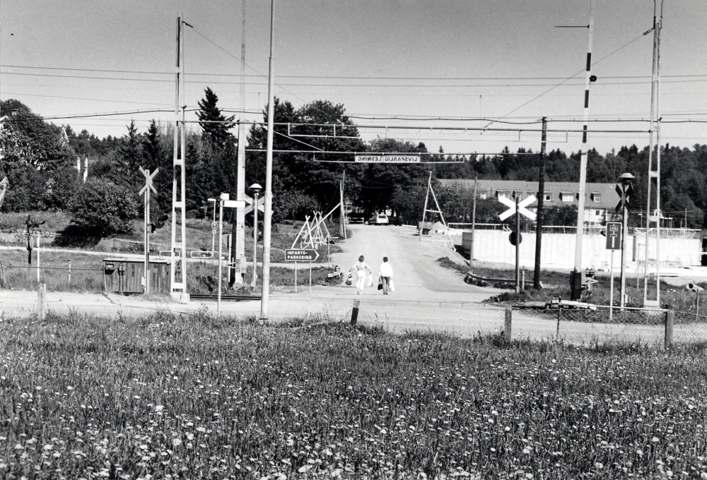 Järnvägsövergången vid Åby gata.  I förgrunden blommar maskrosorna.  På andra sidan övergången syns byggnadsarbeten för Vallentuna sjukhem