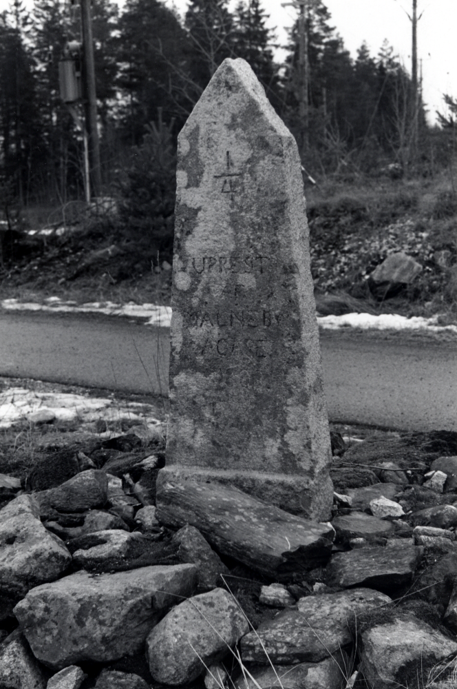 Milsten norr om  Uddnäs vid Lindholmsvägen.  Texten lyder: "1/4 Upprest af Molneby ägare 1803".  Årtalet svårläst, kan ev. vara 1808