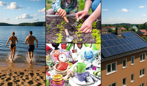 Kollage, människor som badar, hustak med solceller, odling, porslin