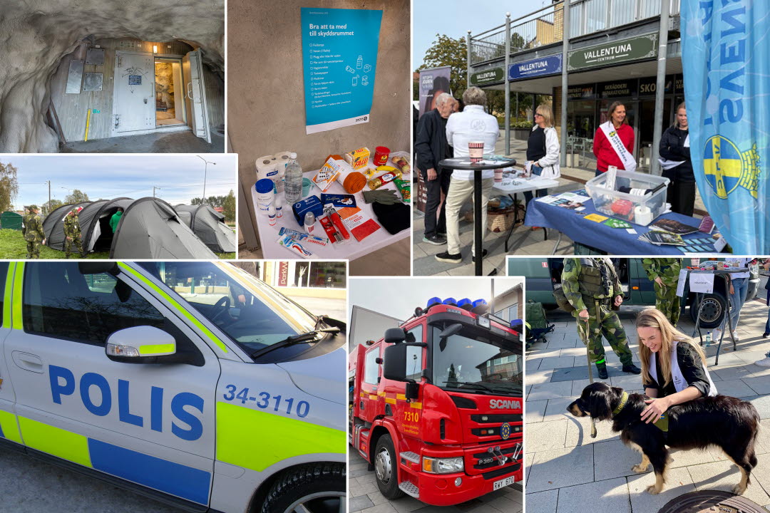 Collage med bland annat en polisbil, en brandbil, ett skyddsrum och en försvarsmaktshund.