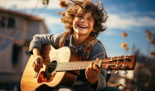 En glad pojke som sitter och spelar gitarr