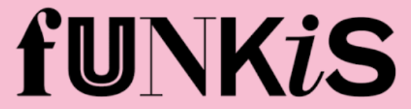 Logtyop för funkis, rosa bakgrund med svart text.