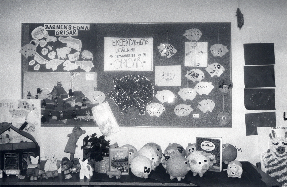 Barnen på Ekeby daghem har haft ett temaarbete om grisar under vårterminen 1991.  I en utställning på barnavdelningen i Vallentuna bibliotek visas grisar i alla former