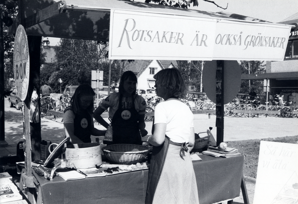 Vallentuna folkdansförening visar olika aktiviteter med tema Musik, slöjd och dans på Tuna torg. Här visar BOK Biologisk odlar- och konsumentförening att Rotsaker är också grönsaker