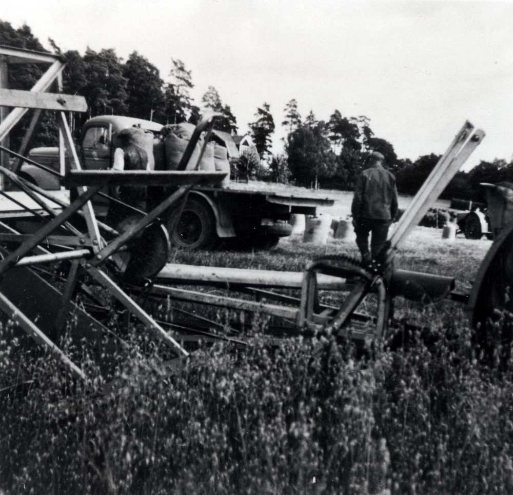 Skördearbete på Väsby gårds ägor.  Text från album": Nu skall vi lasta säckar från vår första skördetröskan".  Skördetröskan är en Munktell, fyra fot, dragen av traktor.  I ljus skjorta och väst gårdens arrendator Sven Karlsson, t v står Sven Liljeholtz som ofta hjälpte till vid gården.  Sven Karlsson arrenderade gården från 1937 till 1963, då sonen Sven-Erik tog över och brukade jorden till 2003. Säckarna lastas på gårdens lastbil en Chevrolet från 1946.  Arrendatorsbostaden vid Rosendal syns bakom lastbilens flak