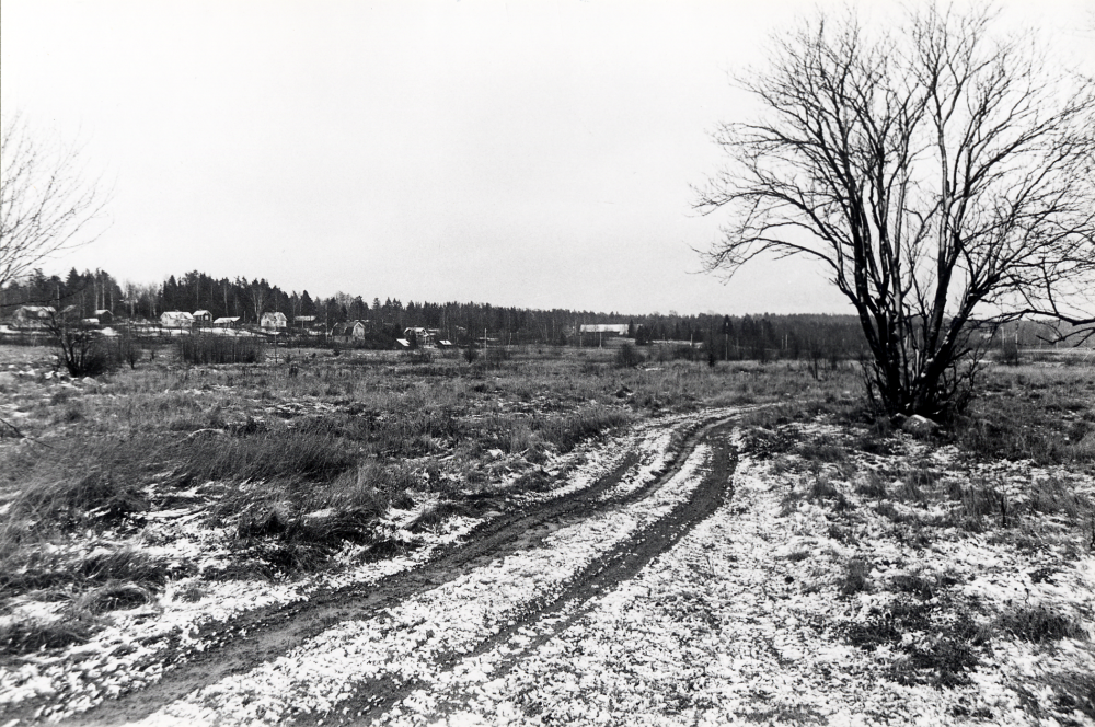 Åby gärde innan bostadsområdet byggts.  Husen som syns i bakgrunden ligger längs Åbyholmsvägen.  T v om bildens mitt  ladan vid Åbyholms gård