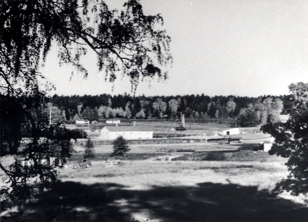 Utsikt över Heidmarks handelsträdgård och bostadshus vid Bällsta hållplats.  I förgrunden syns handelsträdgårdens växthus och andra byggnader.  Allt revs i mitten av 1980-talet när bostadsområdet Örtagården byggdes.  I bakgrunden väster om järnvägen syns två ljusa hus.  Där bodde Nils Gustafsson med sin familj.  I ett av husen fanns en liten verkstad för hobbybruk.  Ännu år 2000 syns äppelträd som visar var familjen Gustafssons trädgård låg nära gångtunneln vid Bällsta hållplats