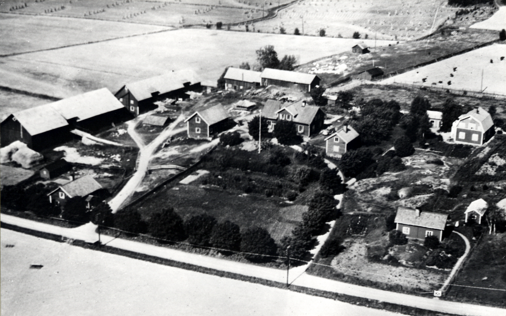 Flygfoto  över Salby gård.  I bakgrunder åkrar med  sädeskylar  på tork.  
T v gårdens  ekonomibyggnader
