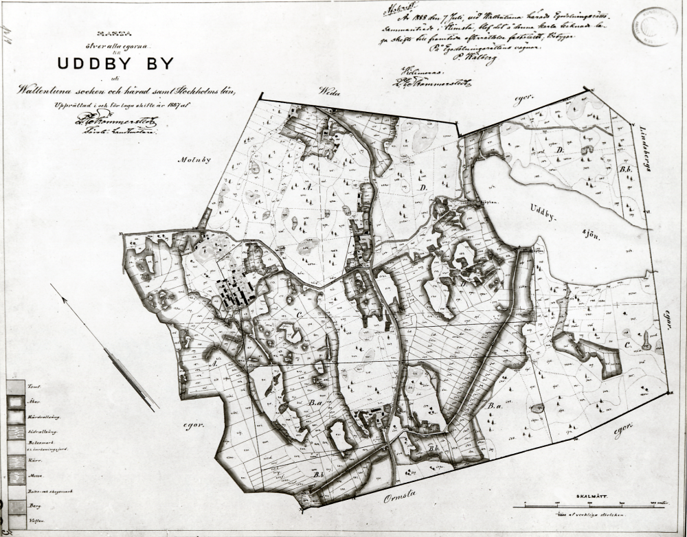 Karta öfver alla egorna uti Uddby, (Ubby), by uti Wallentuna socken och härad samt Stockholms län, Upprättad i och för laga skifte år 1887 af A E Strömmerstedt, Förste lantmätare.  Kopia från Lantmäteriverket i Gävle