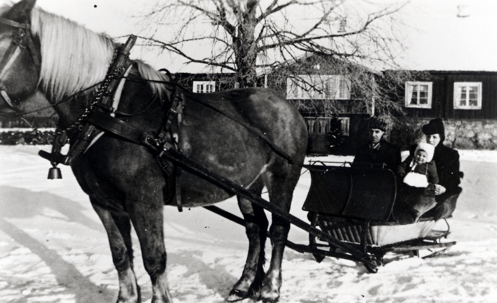 Helge Helgöstam och Signe Linde född Helgöstam med dottern Eva i knäet sitter i en hästdragen släde med flätad korg utanför Helgö gård